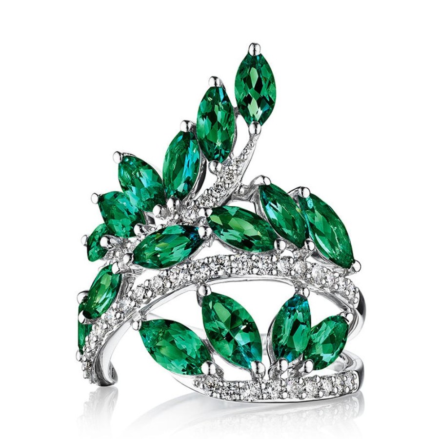 Ring Hueb | 18 Karat Botanica White Gold Ring With Vs-Gh Diamonds And Green Emeral