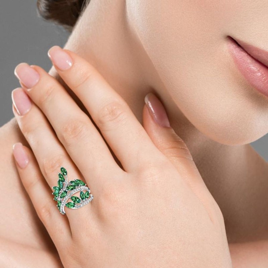 Ring Hueb | 18 Karat Botanica White Gold Ring With Vs-Gh Diamonds And Green Emeral