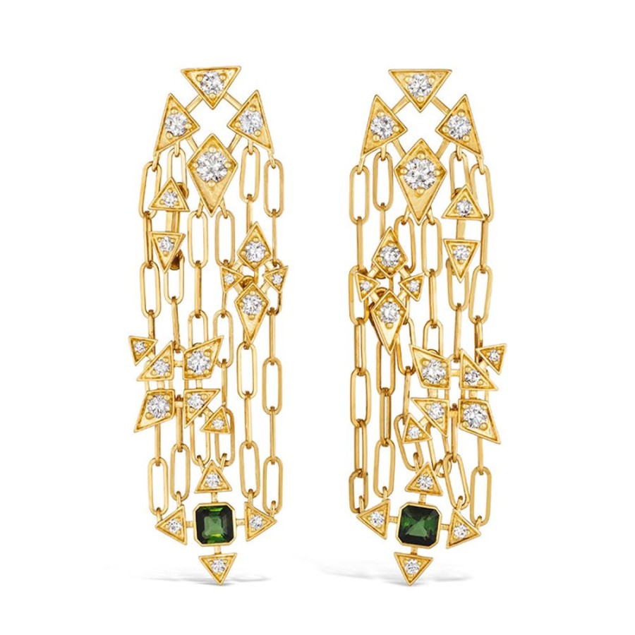 Earring Hueb | 18 Karat Onsa Yellow Gold Earring With Vs-Gh Diamonds And Green Tourma