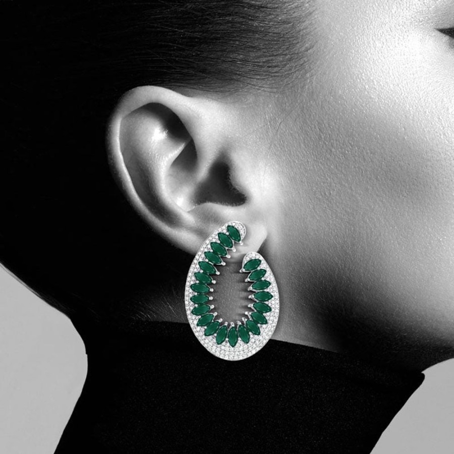 Earring Hueb | 18 Karat Mirage White Gold Earring With Vs-Gh Diamonds And Green Onex