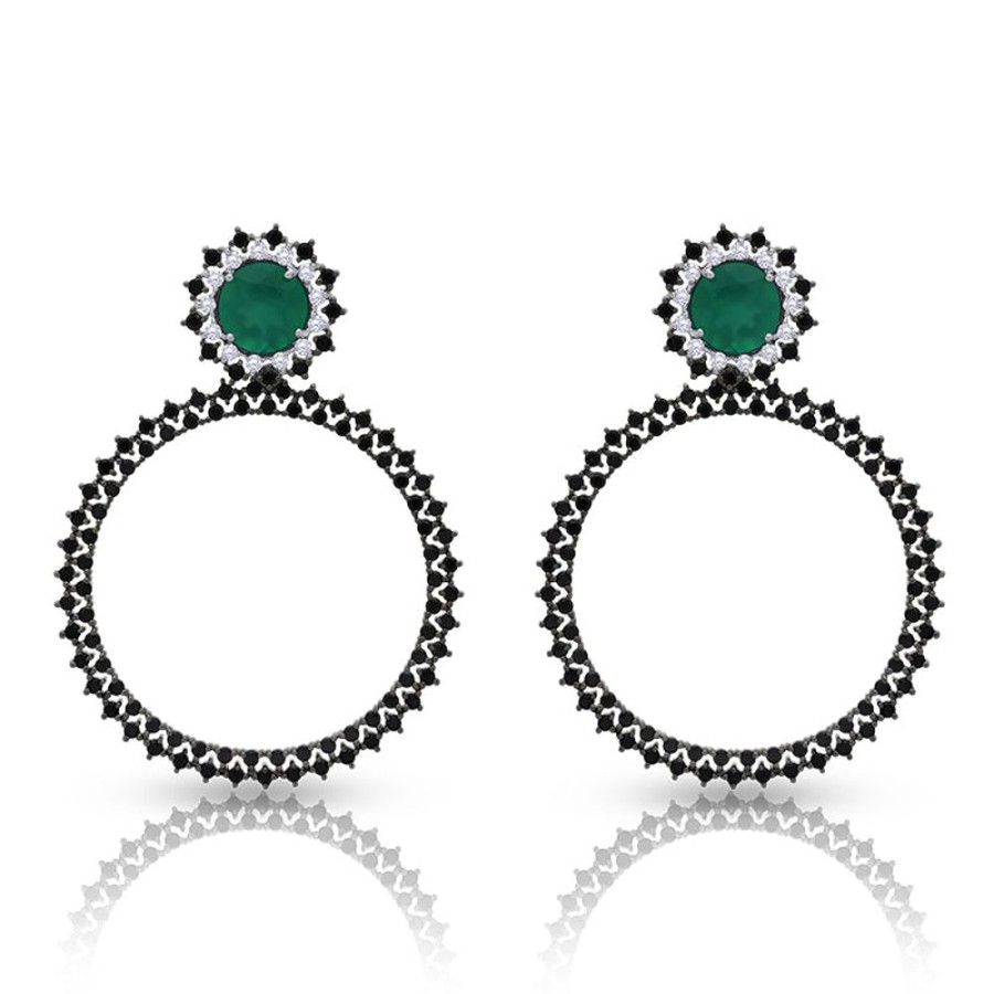 Earring Hueb | 18 Karat Bestow White Gold Earring With Vs-Gh Diamonds And Green Onex