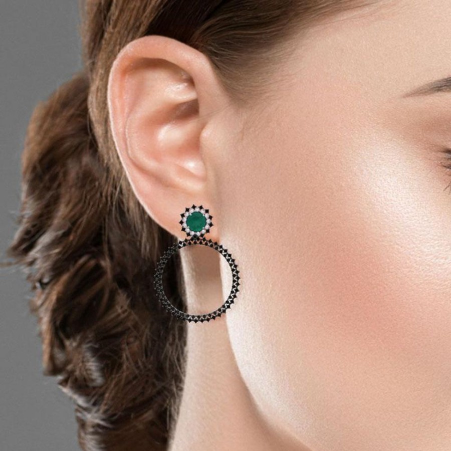 Earring Hueb | 18 Karat Bestow White Gold Earring With Vs-Gh Diamonds And Green Onex