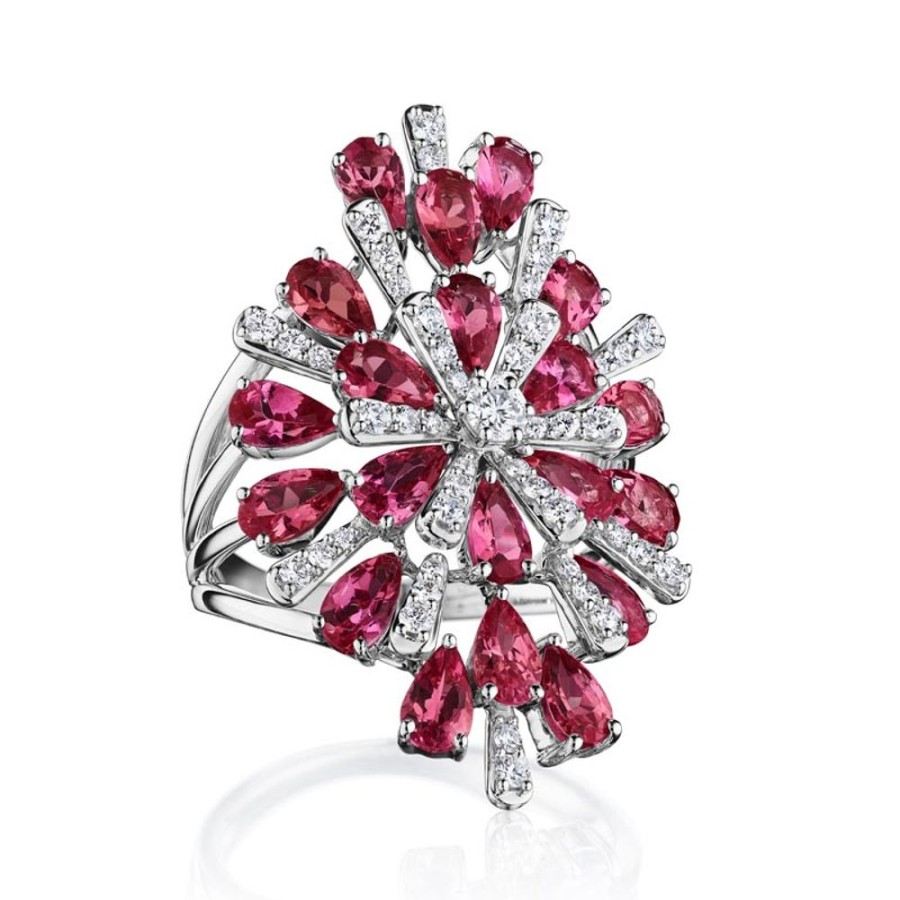 Ring Hueb | 18 Karat Botanica White Gold Ring With Vs-Gh Diamonds And Red Ruby