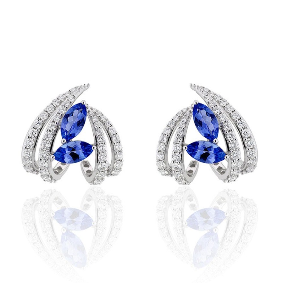 Earring Hueb | 18 Karat Botanica White Gold Earring With Vs-Gh Diamonds And Blue Tanz