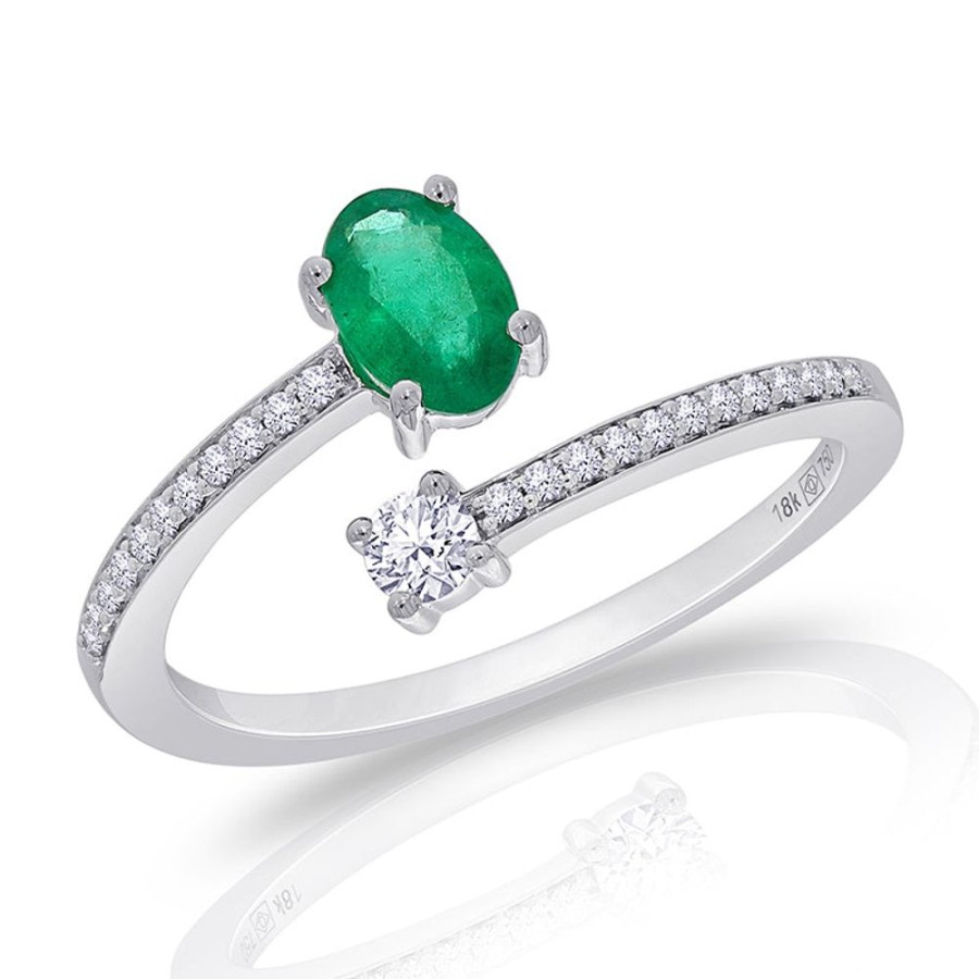 Ring Hueb | 18 Karat Spectrum White Gold Ring With Vs-Gh Diamonds And Green Emeral