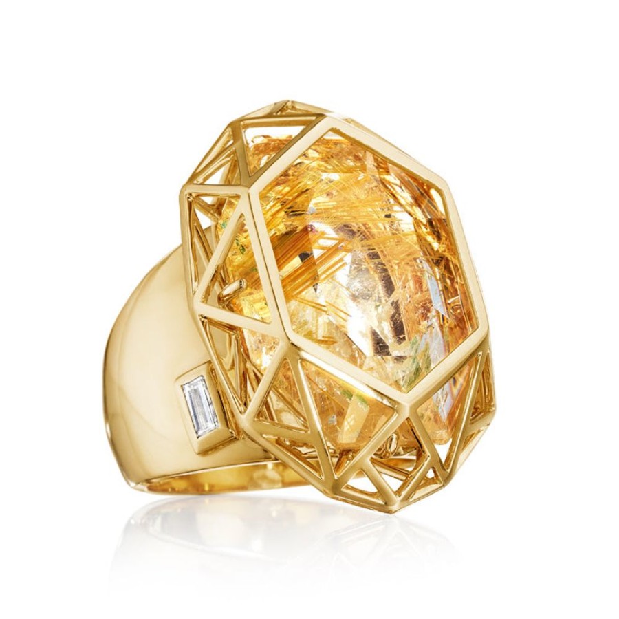 Ring Hueb | 18 Karat Estelar Yellow Gold Ring With Vs-Gh Diamonds And Rutilated Qu