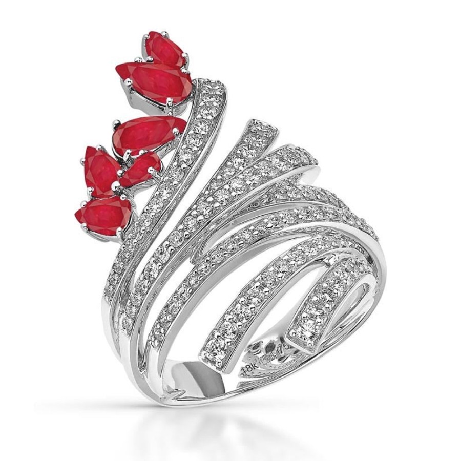 Ring Hueb | 18 Karat Mirage White Gold Ring With Vs-Gh Diamonds And Red Ruby