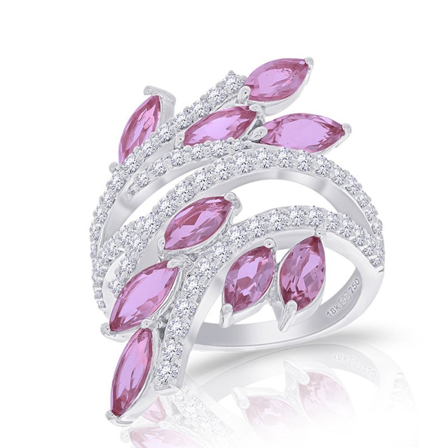 Ring Hueb | 18 Karat Botanica White Gold Ring With Vs-Gh Diamonds And Pink Sapphir