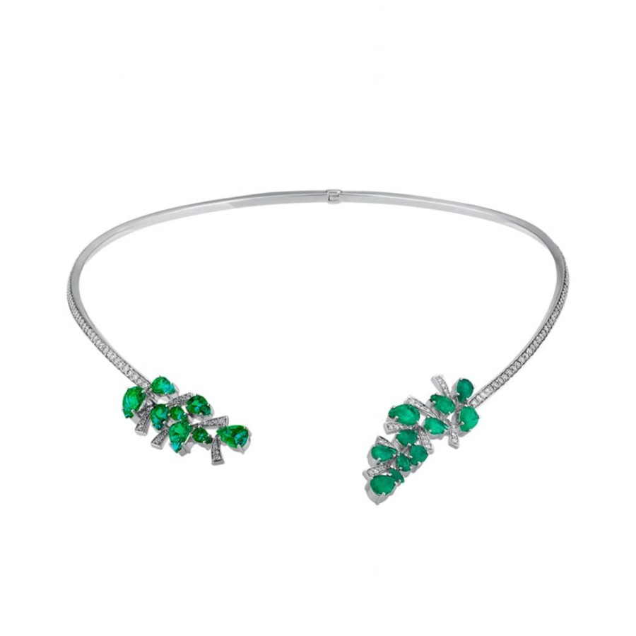 Necklace/Pendant Hueb | 18 Karat Botanica White Gold Necklace With Vs-Gh Diamonds And Green Em