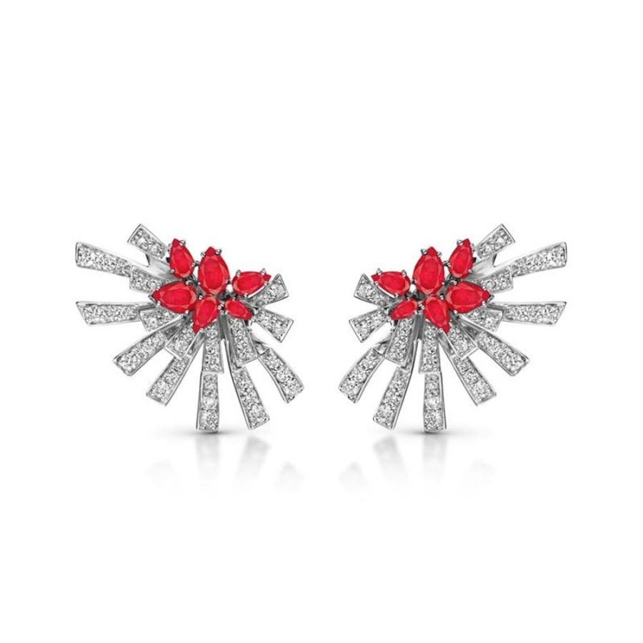 Earring Hueb | 18 Karat Mirage White Gold Earring With Vs-Gh Diamonds And Red Ruby