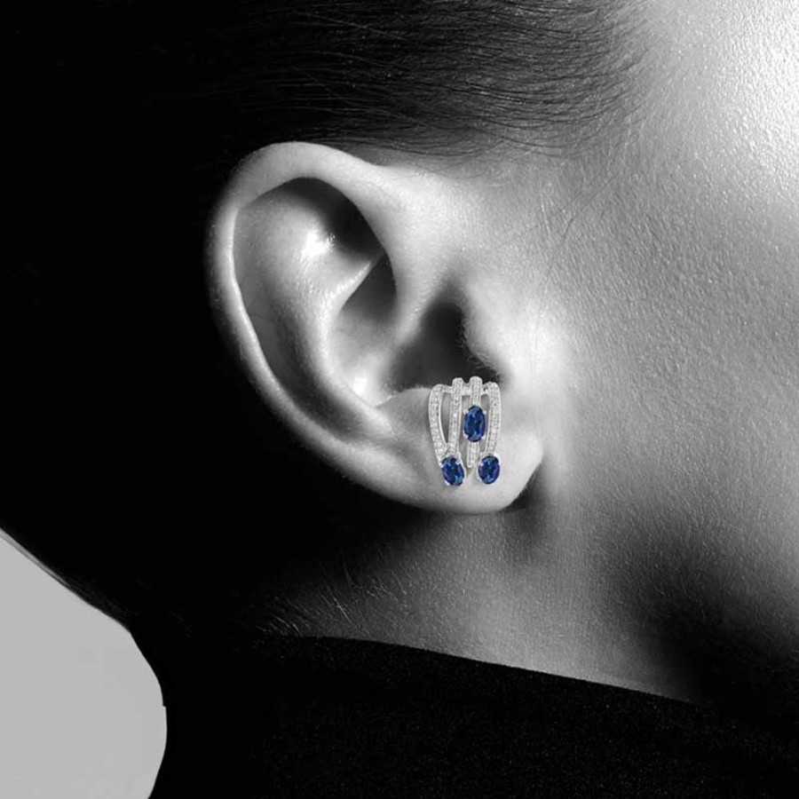 Earring Hueb | 18 Karat Spectrum White Gold Earring With Vs-Gh Diamonds And Blue Sapp