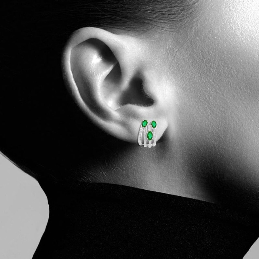 Earring Hueb | 18 Karat Spectrum White Gold Earring With Vs-Gh Diamonds And Green Eme