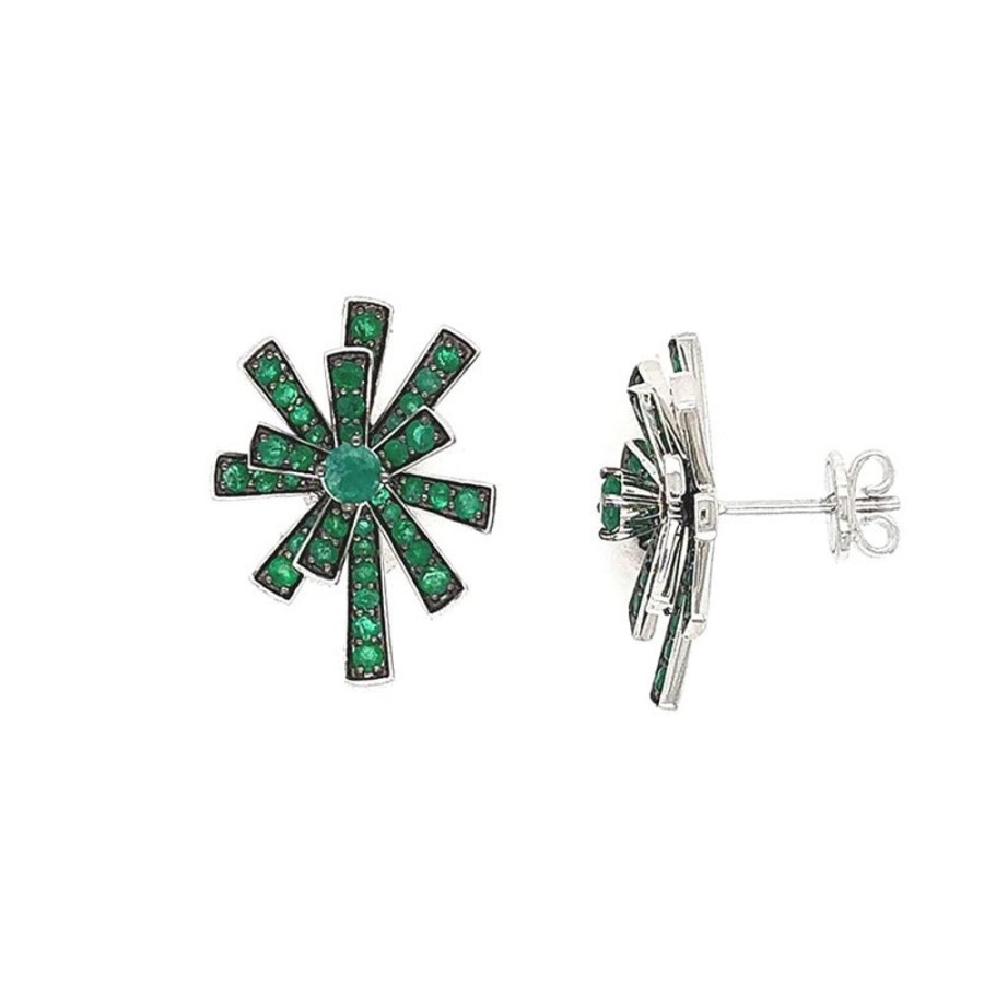 Earring Hueb | 18 Karat Tribal White Gold And Black Rhodium Earring With Green Emeral