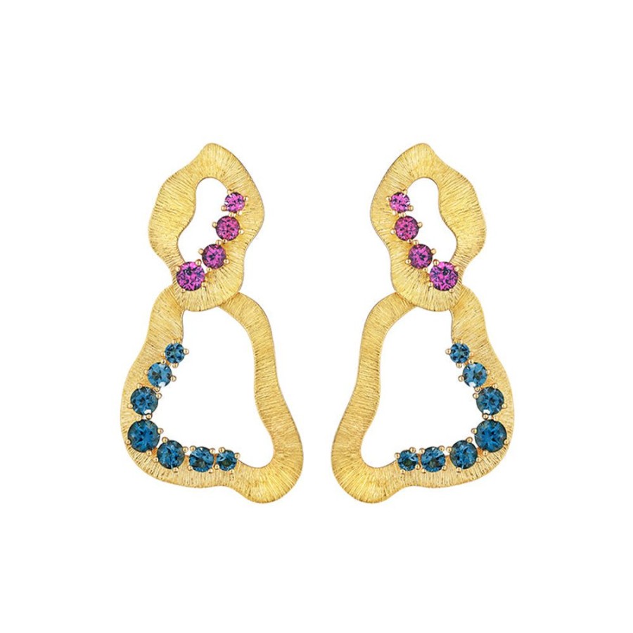 Earring Hueb | 18 Karat Bahia Yellow Gold Earring With Violet Rhodolite And Imperial/