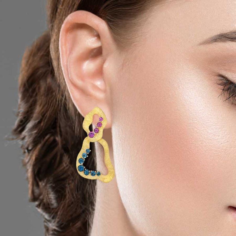 Earring Hueb | 18 Karat Bahia Yellow Gold Earring With Violet Rhodolite And Imperial/