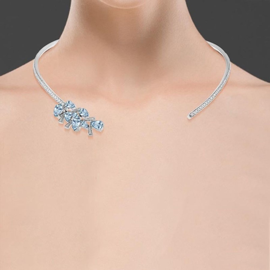 Necklace/Pendant Hueb | 18 Karat Botanica White Gold Necklace With Vs-Gh Diamonds And Blue Aqu