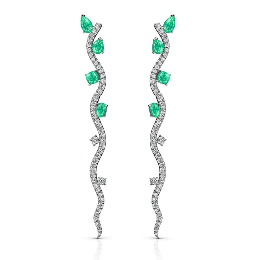 Earring Hueb | 18 Karat Mirage White Gold Earring With Vs-Gh Diamonds And Green Emera