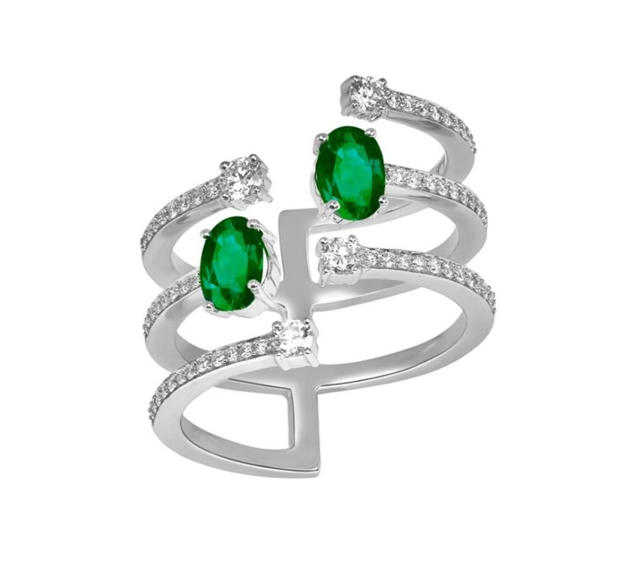 Ring Hueb | 18 Karat Spectrum White Gold Ring With Vs-Gh Diamonds And Green Onex