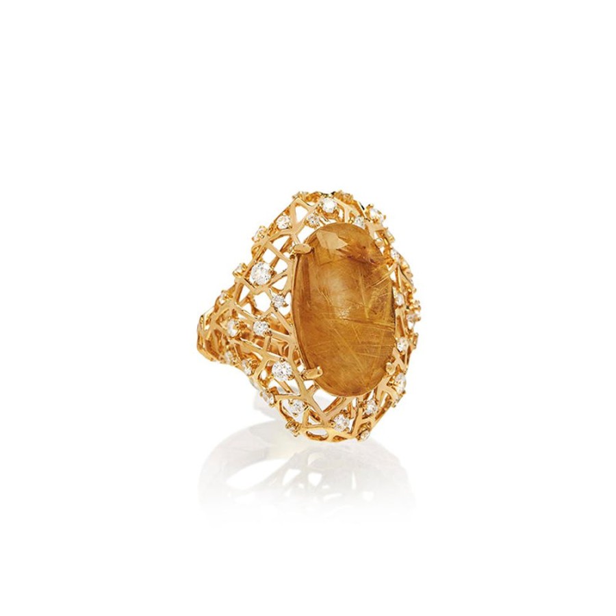 Ring Hueb | 18 Karat Estelar Yellow Gold Ring With Vs-Gh Diamonds And Rutilated Qu