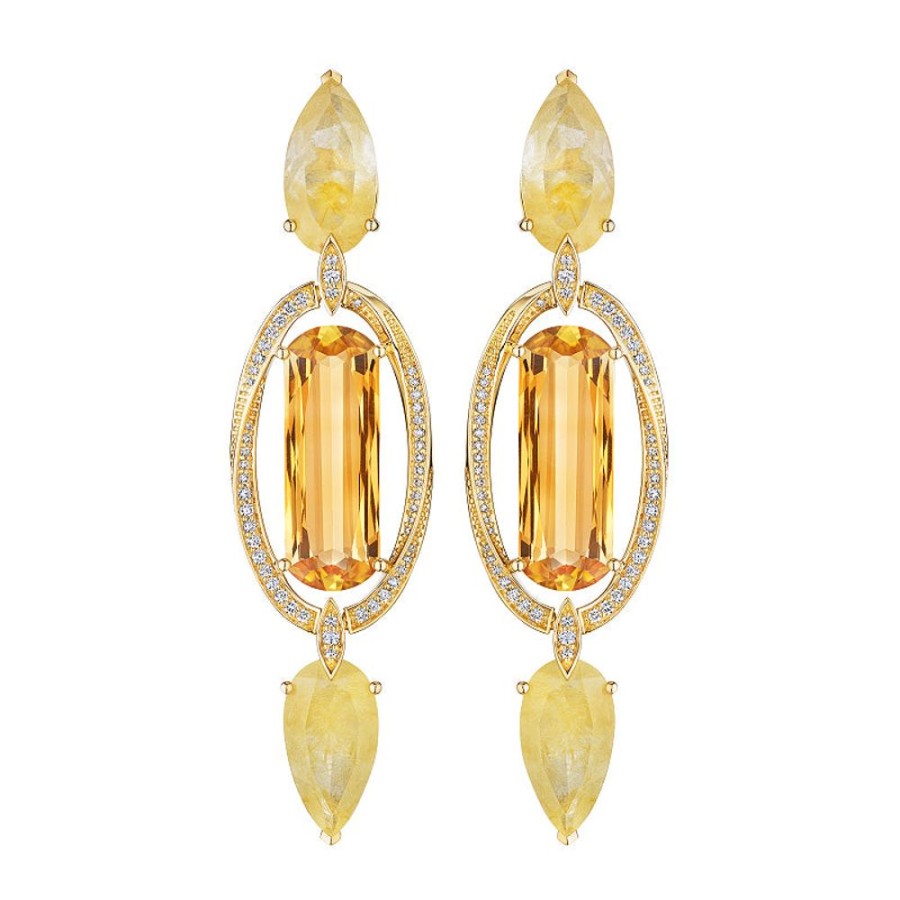 Earring Hueb | 18 Karat Onsa Yellow Gold Earring With Vs-Gh Diamonds And Yellow Citri