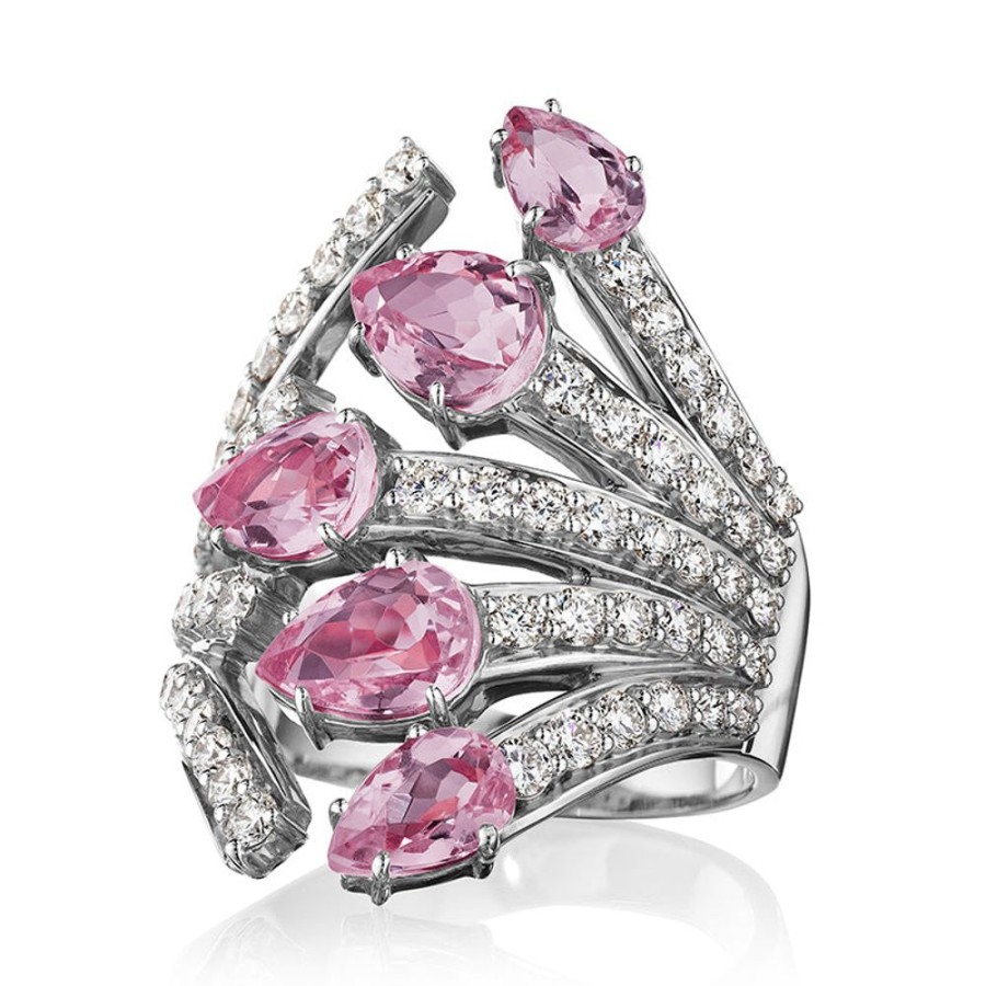 Ring Hueb | 18 Karat Botanica White Gold Ring With Vs-Gh Diamonds And Pink Sapphir