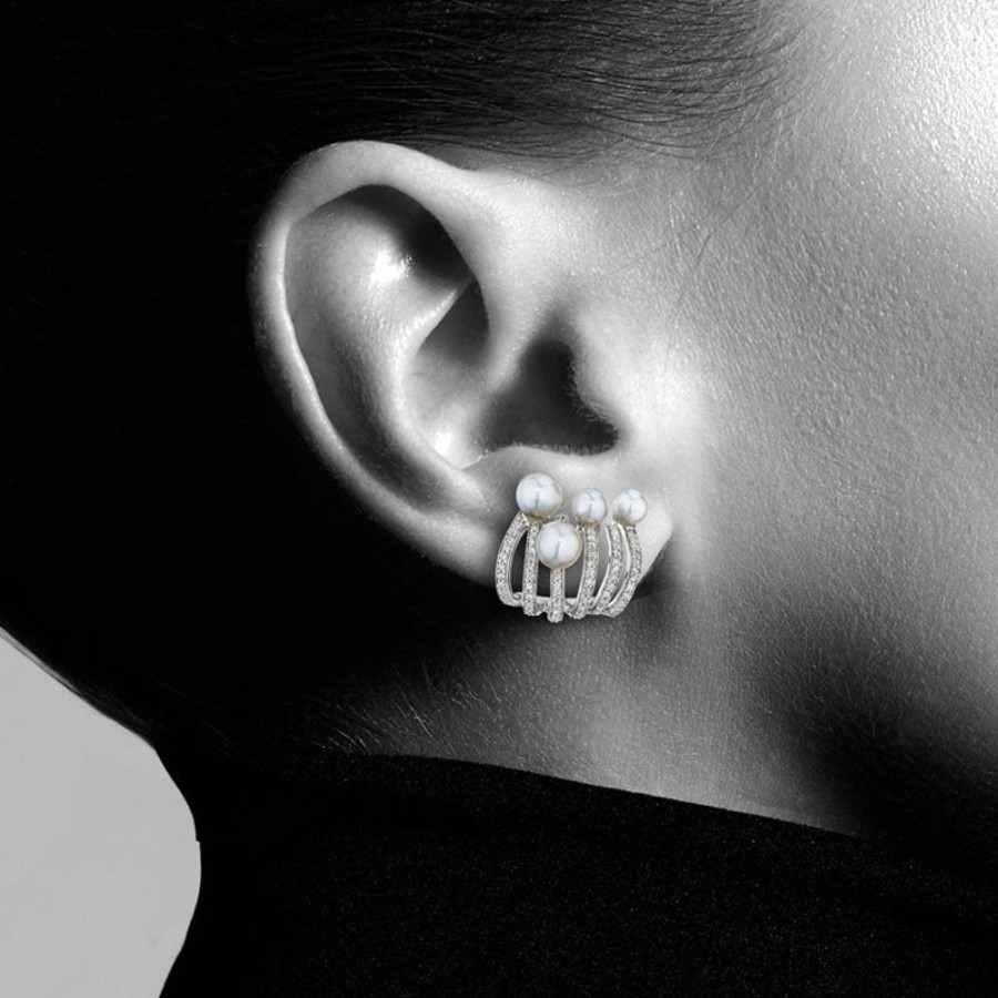 Earring Hueb | 18 Karat Spectrum White Gold Earring With Vs-Gh Diamonds And White Pea