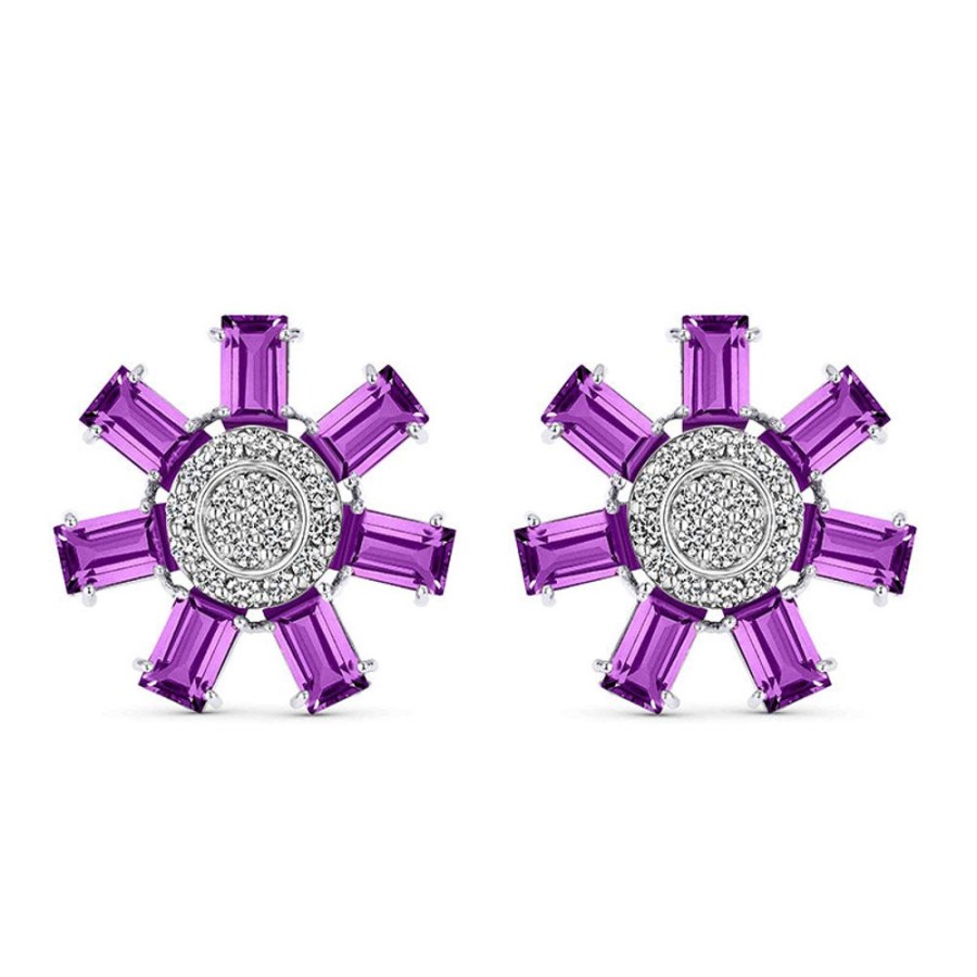 Earring Hueb | 18 Karat Bestow White Gold Earring With Vs-Gh Diamonds And Violet Amet