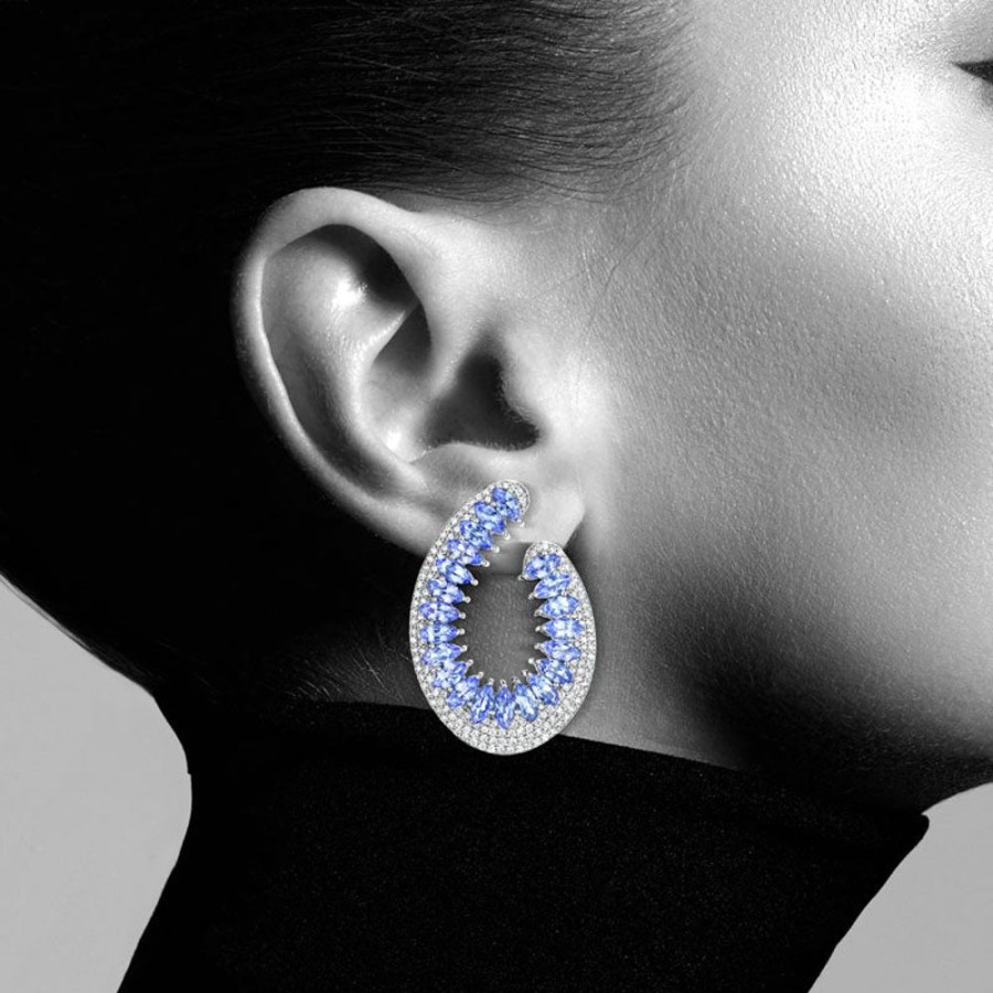 Earring Hueb | 18 Karat Mirage White Gold Earring With Vs-Gh Diamonds And Blue Tanzan