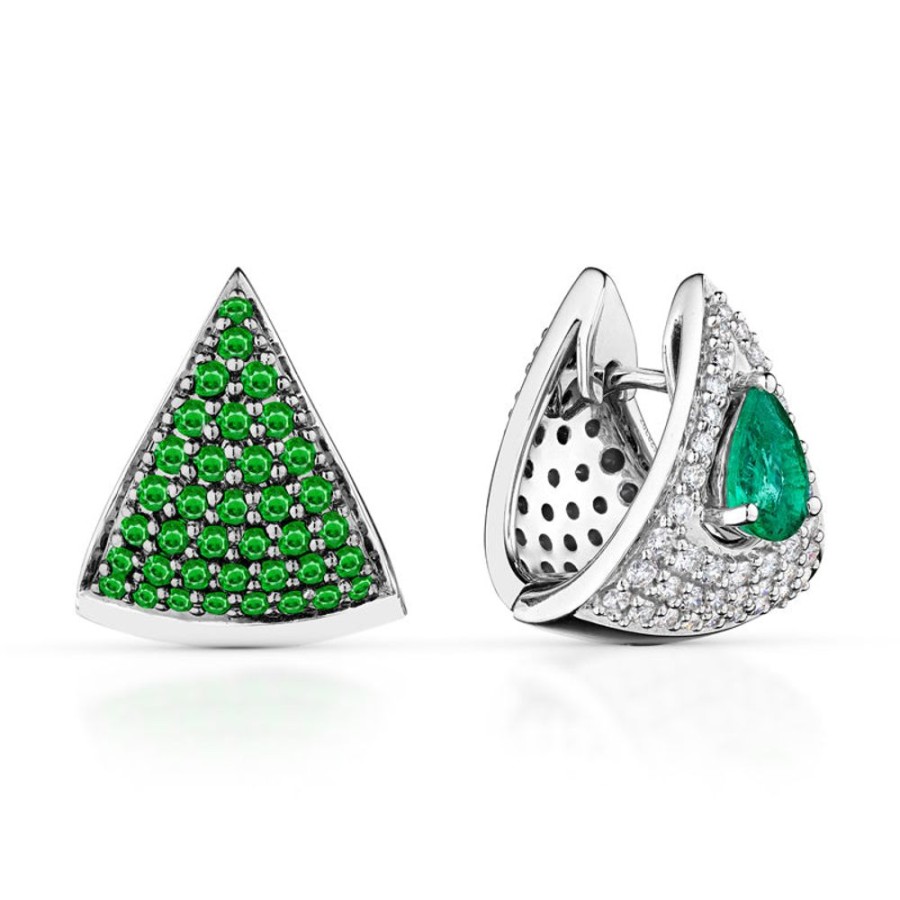 Earring Hueb | 18 Karat Mirage White Gold Earring With Vs-Gh Diamonds And Green Tsavo