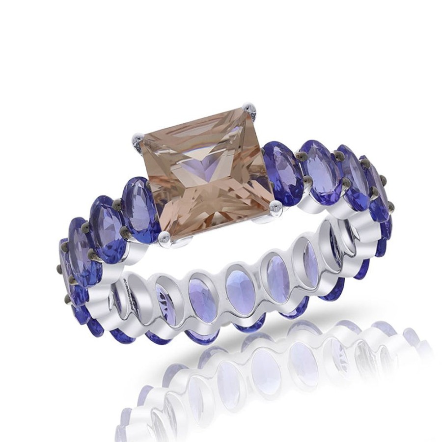 Ring Hueb | 18 Karat Spectrum White Gold Ring With Pink Morganite And Blue Tanzani