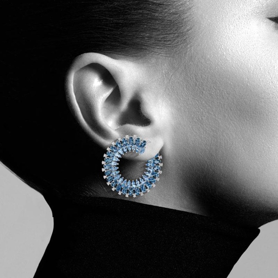 Earring Hueb | 18 Karat Mirage White Gold Earring With Vs-Gh Diamonds And Blue Aquama