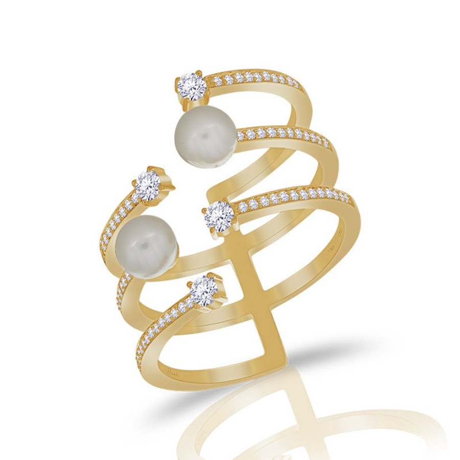 Ring Hueb | 18 Karat Spectrum Yellow Gold Ring With Vs-Gh Diamonds And White Pearl