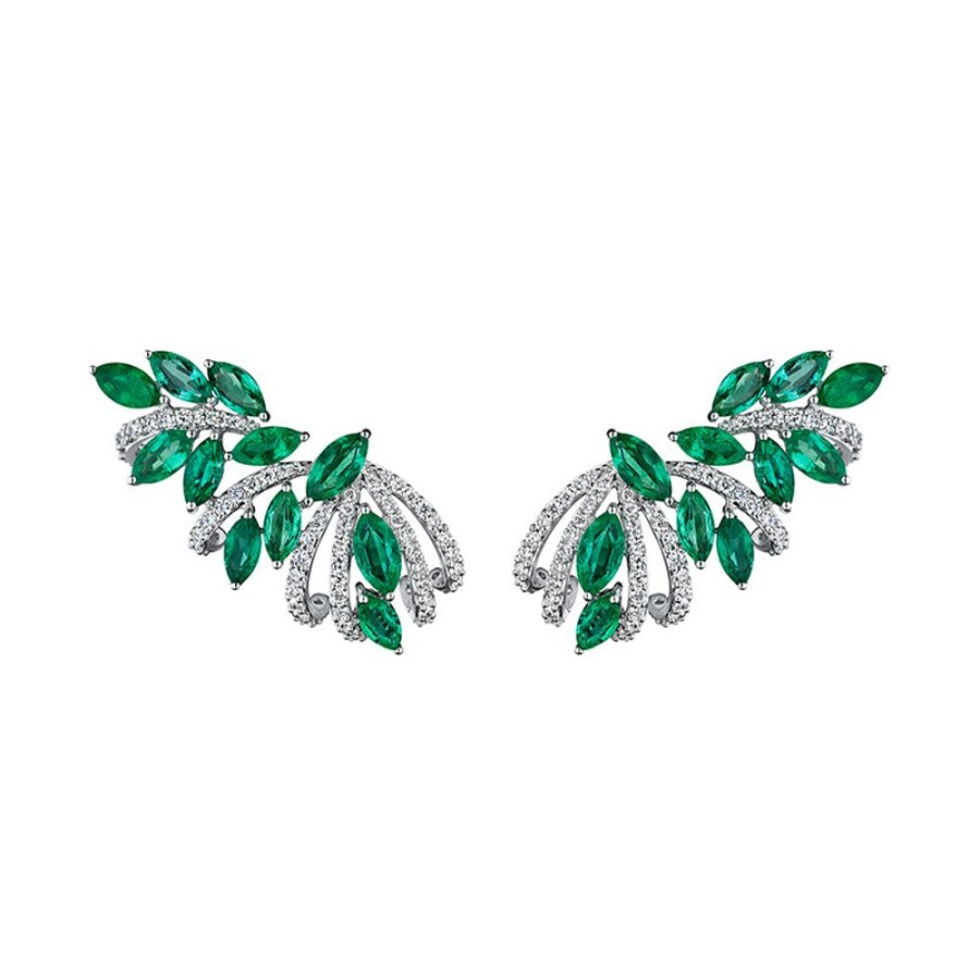 Earring Hueb | 18 Karat Botanica White Gold Earring With Vs-Gh Diamonds And Green Eme