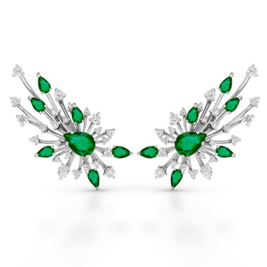 Earring Hueb | 18 Karat Luminus White Gold Earring With Vs-Gh Diamonds And Green Emer