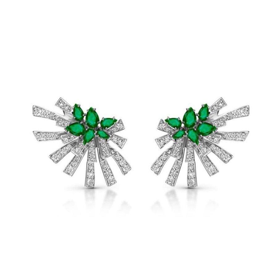 Earring Hueb | 18 Karat Mirage White Gold Earring With Vs-Gh Diamonds And Green Emera