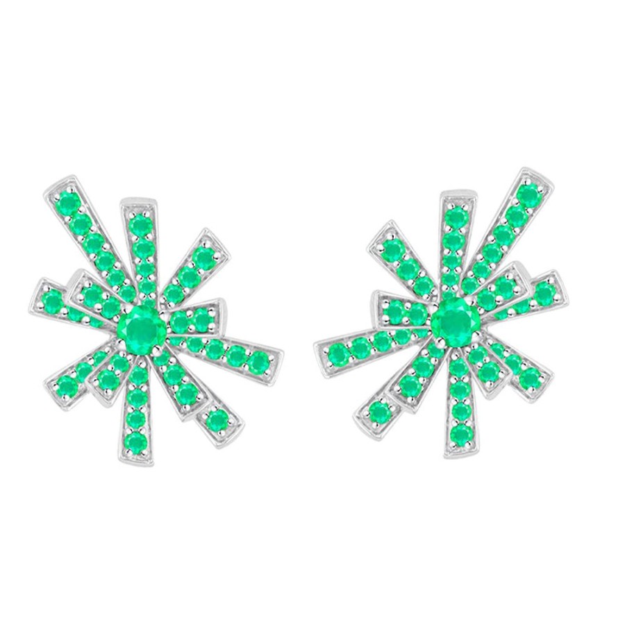 Earring Hueb | 18 Karat Tribal White Gold Earring With Green Emerald