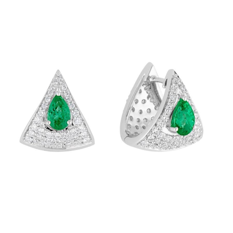 Earring Hueb | 18 Karat Mirage White Gold Earring With Vs-Gh Diamonds And Green Emera