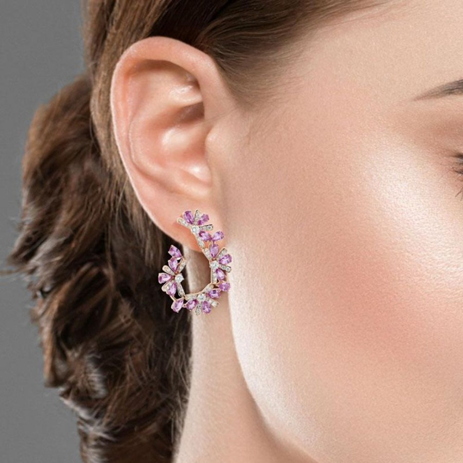 Earring Hueb | 18 Karat Botanica Pink Gold Earring With Vs-Gh Diamonds And Pink Sapph