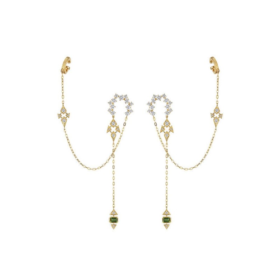 Earring Hueb | 18 Karat Onsa Yellow Gold Earring With Vs-Gh Diamonds And Green Tourma