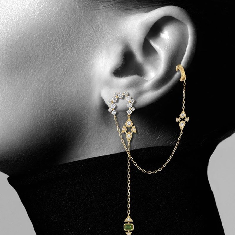 Earring Hueb | 18 Karat Onsa Yellow Gold Earring With Vs-Gh Diamonds And Green Tourma