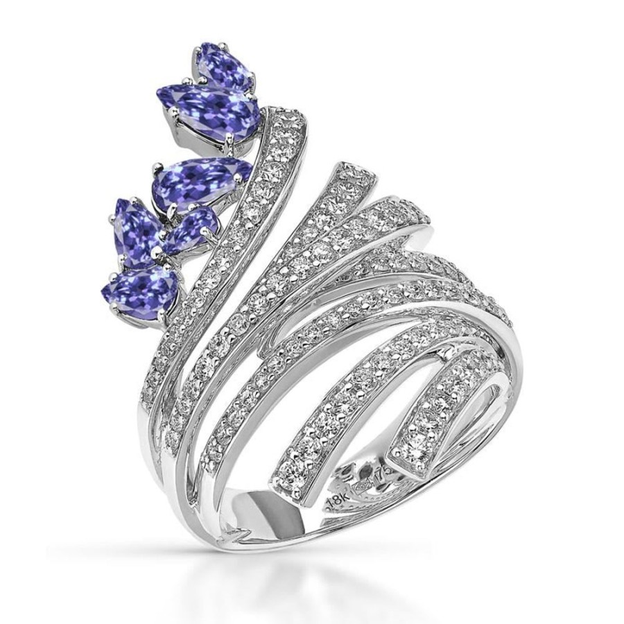 Ring Hueb | 18 Karat Mirage White Gold Ring With Vs-Gh Diamonds And Blue Tanzanite