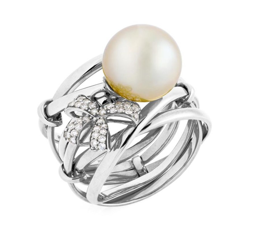 Ring Hueb | 18 Karat Romance White Gold Ring With Vs-Gh Diamonds And White Pearl