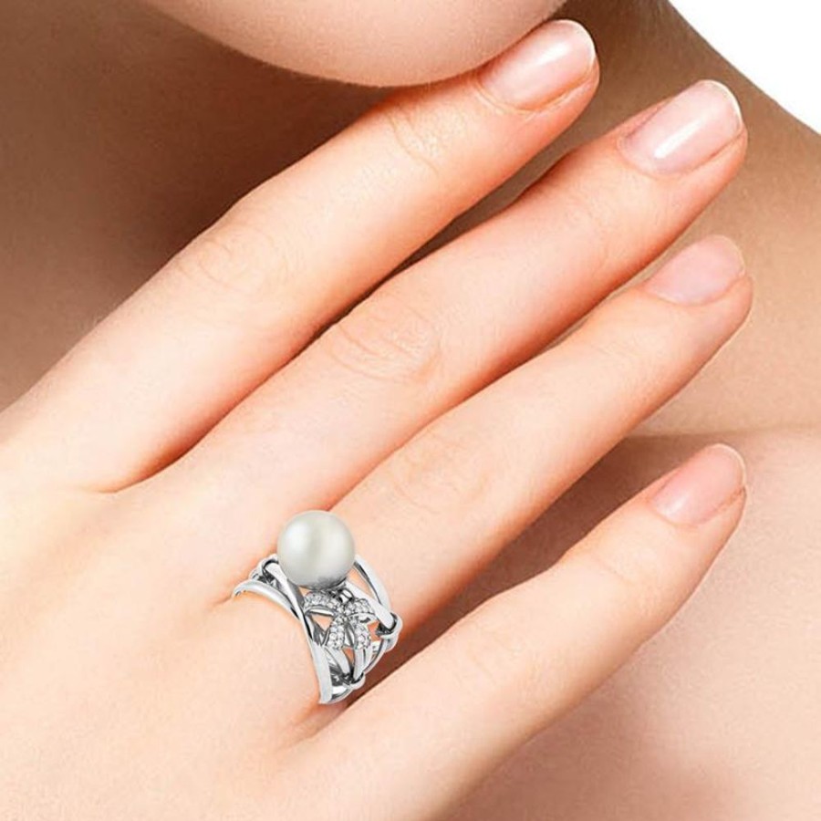 Ring Hueb | 18 Karat Romance White Gold Ring With Vs-Gh Diamonds And White Pearl