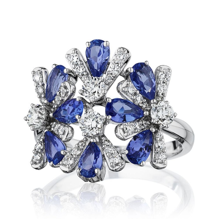 Ring Hueb | 18 Karat Botanica White Gold Ring With Vs-Gh Diamonds And Blue Tanzani