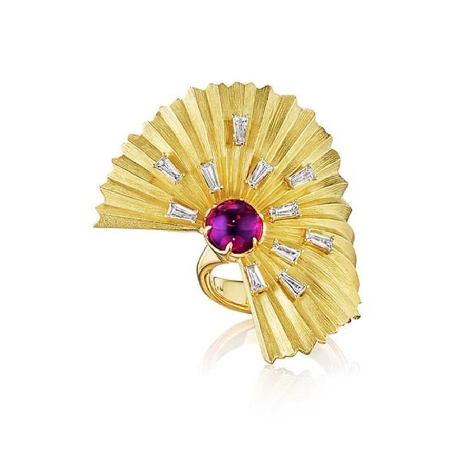 Ring Hueb | 18 Karat Bahia Yellow Gold Ring With Vs-Gh Diamonds And Raspberry Rhod