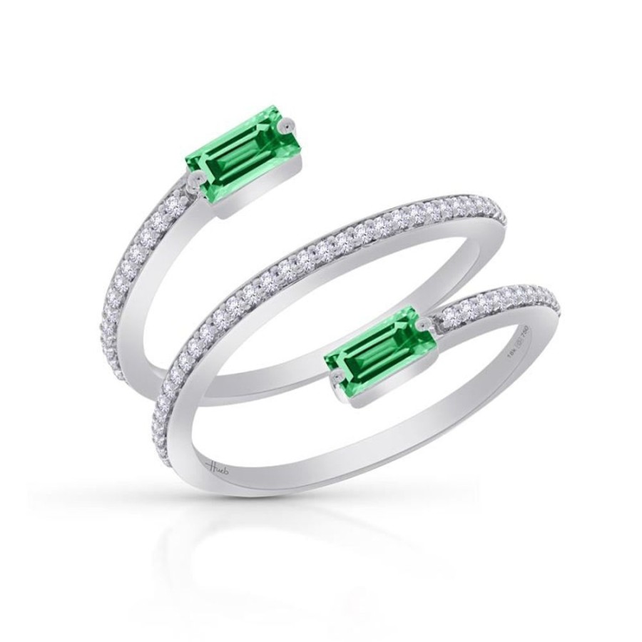 Ring Hueb | 18 Karat Spectrum White Gold Ring With Vs-Gh Diamonds And Green Emeral