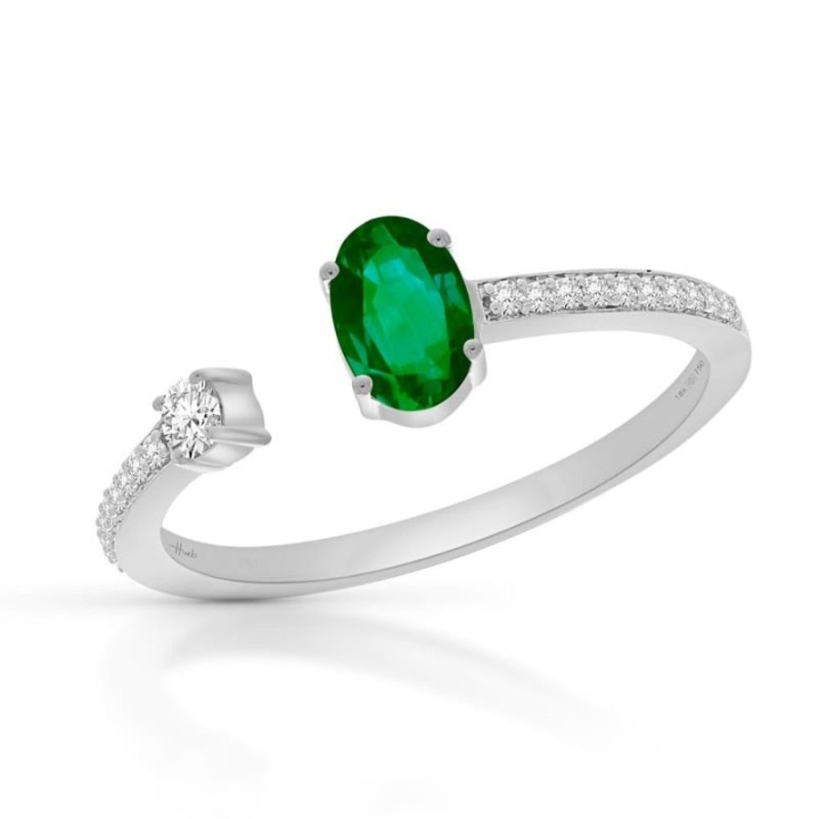 Ring Hueb | 18 Karat Spectrum White Gold Ring With Vs-Gh Diamonds And Green Emeral