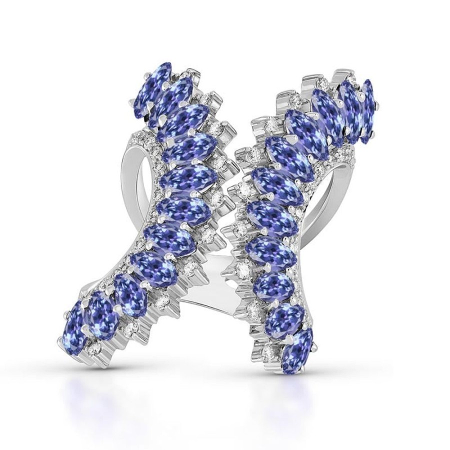 Ring Hueb | 18 Karat Mirage White Gold Ring With Vs-Gh Diamonds And Blue Tanzanite