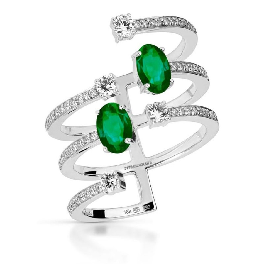 Ring Hueb | 18 Karat Spectrum White Gold Ring With Vs-Gh Diamonds And Green Emeral