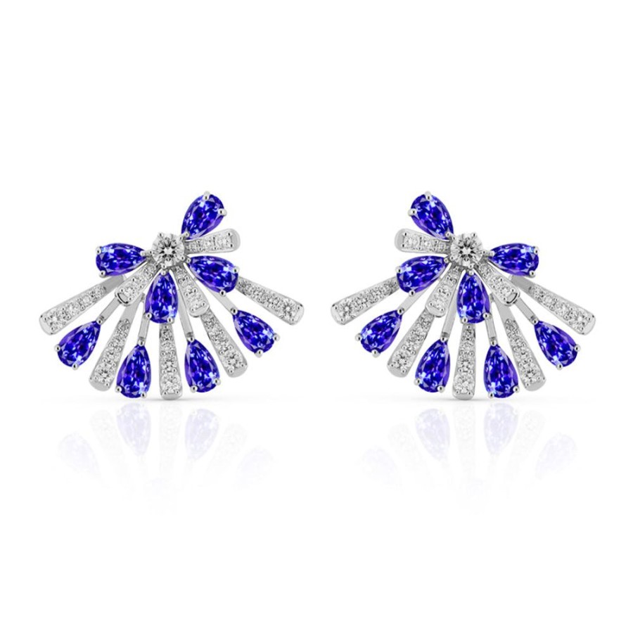 Earring Hueb | 18 Karat Botanica White Gold Earring With Vs-Gh Diamonds And Blue Tanz